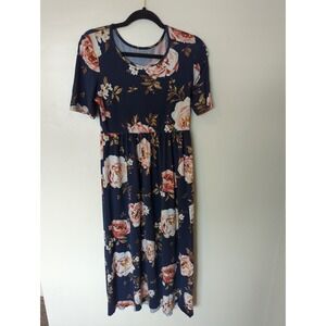 Blue & Pink Floral Short Sleeve Maxi Stretch Dress L‎